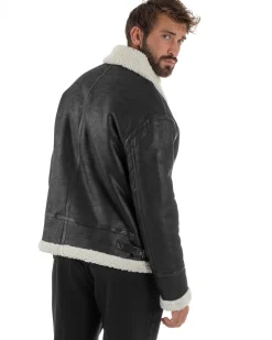 Giubbotto Uomo Montone Ecopelle Giacca College Pelliccia Nero G3358A
