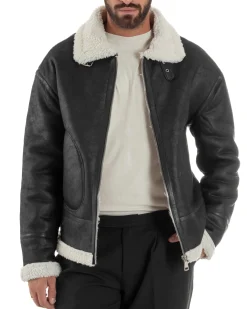 Giubbotto Uomo Montone Ecopelle Giacca College Pelliccia Nero G3358A