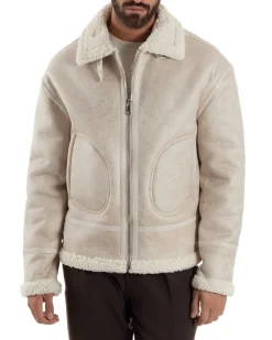 Giubbotto Uomo Montone Ecopelle Giacca College Pelliccia Beige G3359A