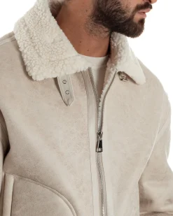 Giubbotto Uomo Montone Ecopelle Giacca College Pelliccia Beige G3359A