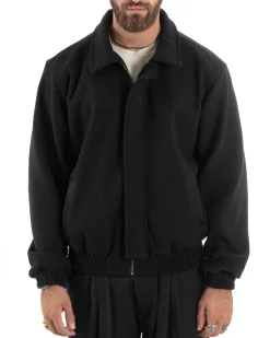 Giubbotto Uomo Panno Caldo Bomber Con Colletto Giacca Con Zip Tinta Unita Nero GIOSAL-G3248A