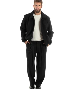Giubbotto Uomo Panno Caldo Bomber Con Colletto Giacca Con Zip Tinta Unita Nero GIOSAL-G3248A