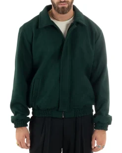 Giubbotto Uomo Panno Caldo Bomber Con Colletto Giacca Con Zip Tinta Unita Verde GIOSAL-G3249A