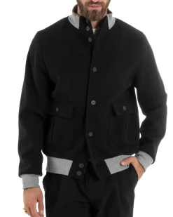 Giubbotto Uomo Tessuto Cappotto Bomber College In Panno Comodo Bicolore Giacca Calda Con Tasconi Casual Nero GIOSAL-G3245A