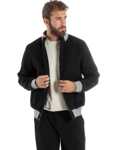 Giubbotto Uomo Tessuto Cappotto Bomber College In Panno Comodo Bicolore Giacca Calda Con Tasconi Casual Nero GIOSAL-G3245A