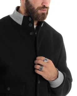 Giubbotto Uomo Tessuto Cappotto Bomber College In Panno Comodo Bicolore Giacca Calda Con Tasconi Casual Nero GIOSAL-G3245A