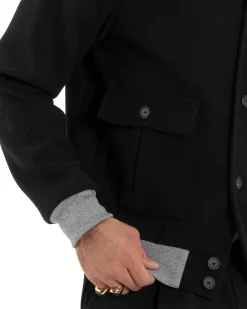 Giubbotto Uomo Tessuto Cappotto Bomber College In Panno Comodo Bicolore Giacca Calda Con Tasconi Casual Nero GIOSAL-G3245A