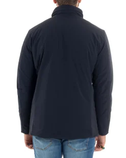 Giubbotto Uomo Tessuto Tecnico Sahariana Tasche E Zip Giacca Imbottita Impermeabile Blu GIOSAL-G3250A