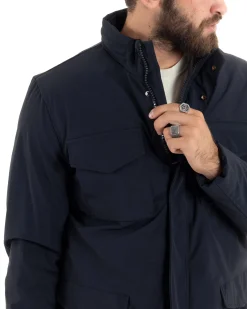 Giubbotto Uomo Tessuto Tecnico Sahariana Tasche E Zip Giacca Imbottita Impermeabile Blu GIOSAL-G3250A