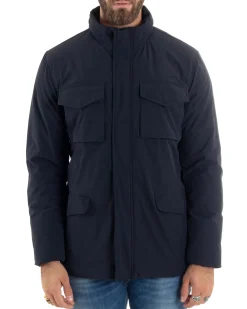 Giubbotto Uomo Tessuto Tecnico Sahariana Tasche E Zip Giacca Imbottita Impermeabile Blu GIOSAL-G3250A