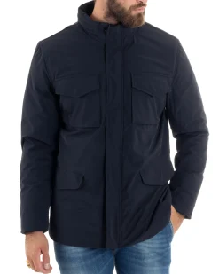 Giubbotto Uomo Tessuto Tecnico Sahariana Tasche E Zip Giacca Imbottita Impermeabile Blu GIOSAL-G3250A