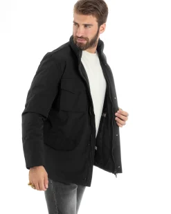 Giubbotto Uomo Tessuto Tecnico Sahariana Tasche E Zip Giacca Imbottita Impermeabile Nero GIOSAL-G3252A