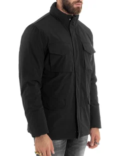 Giubbotto Uomo Tessuto Tecnico Sahariana Tasche E Zip Giacca Imbottita Impermeabile Nero GIOSAL-G3252A