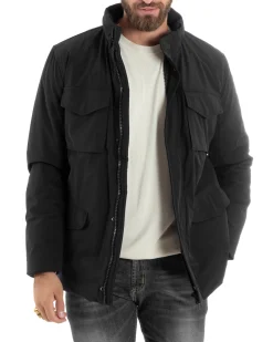 Giubbotto Uomo Tessuto Tecnico Sahariana Tasche E Zip Giacca Imbottita Impermeabile Nero GIOSAL-G3252A