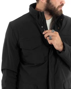 Giubbotto Uomo Tessuto Tecnico Sahariana Tasche E Zip Giacca Imbottita Impermeabile Nero GIOSAL-G3252A