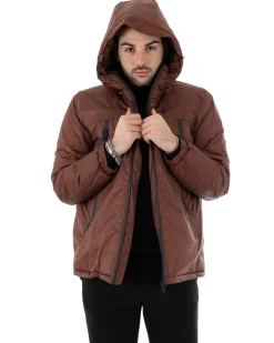 Giubbotto Uomo Tinta Unita Marrone Giacca Cappuccio Casual Zip GIOSAL-G2787A
