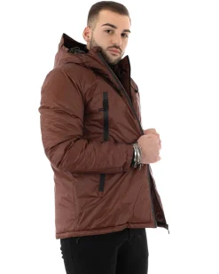 Giubbotto Uomo Tinta Unita Marrone Giacca Cappuccio Casual Zip GIOSAL-G2787A