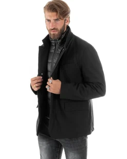 Giubbotto Uomo Trench Antivento Impermeabile Tessuto Tecnico Giacca Trapuntata Giaccone Lungo Imbottito Nero GIOSAL-G3224A