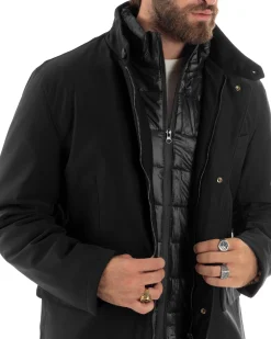Giubbotto Uomo Trench Antivento Impermeabile Tessuto Tecnico Giacca Trapuntata Giaccone Lungo Imbottito Nero GIOSAL-G3224A