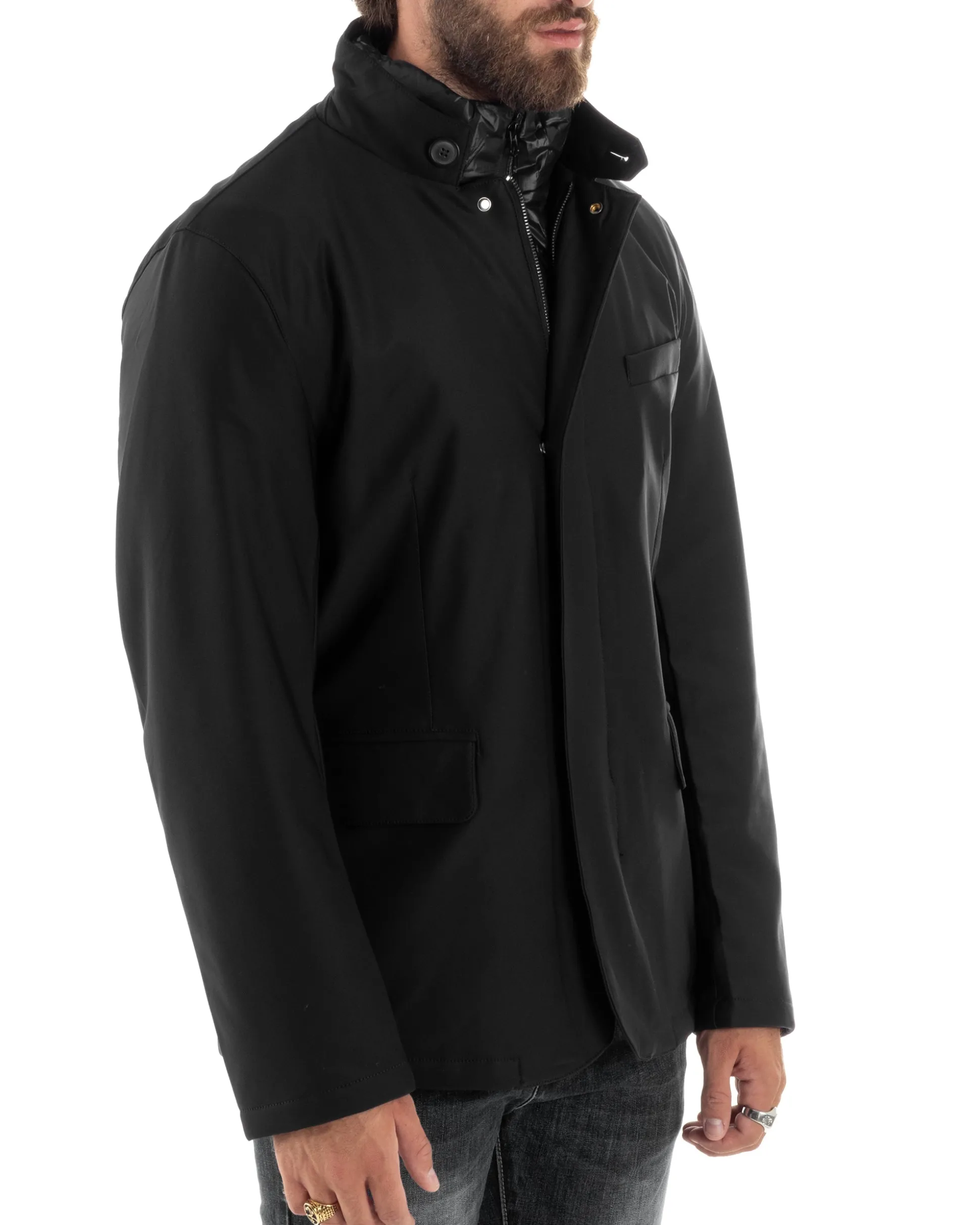 Giubbotto Uomo Trench Antivento Impermeabile Tessuto Tecnico Giacca Trapuntata Giaccone Lungo Imbottito Nero GIOSAL-G3224A