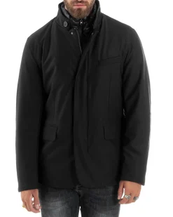 Giubbotto Uomo Trench Antivento Impermeabile Tessuto Tecnico Giacca Trapuntata Giaccone Lungo Imbottito Nero GIOSAL-G3224A
