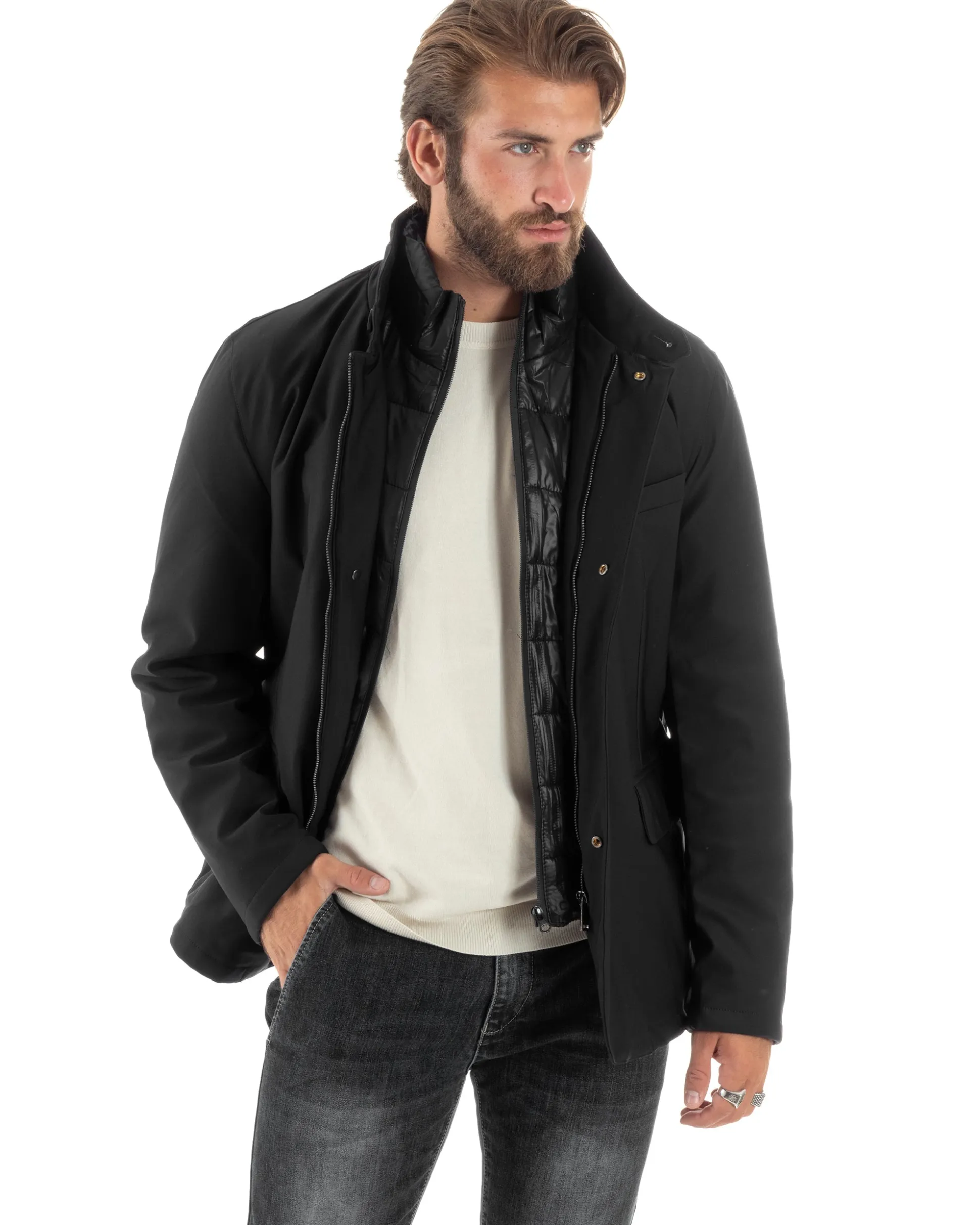 Giubbotto Uomo Trench Antivento Impermeabile Tessuto Tecnico Giacca Trapuntata Giaccone Lungo Imbottito Nero GIOSAL-G3224A