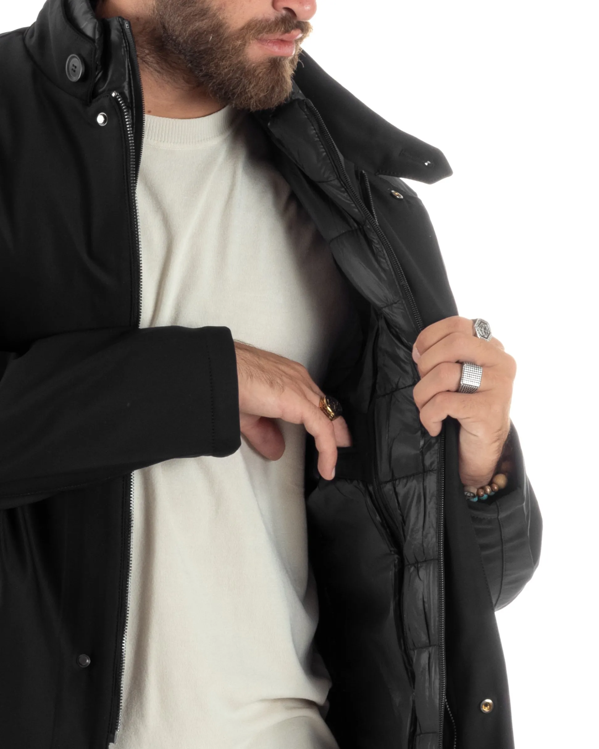 Giubbotto Uomo Trench Antivento Impermeabile Tessuto Tecnico Giacca Trapuntata Giaccone Lungo Imbottito Nero GIOSAL-G3224A