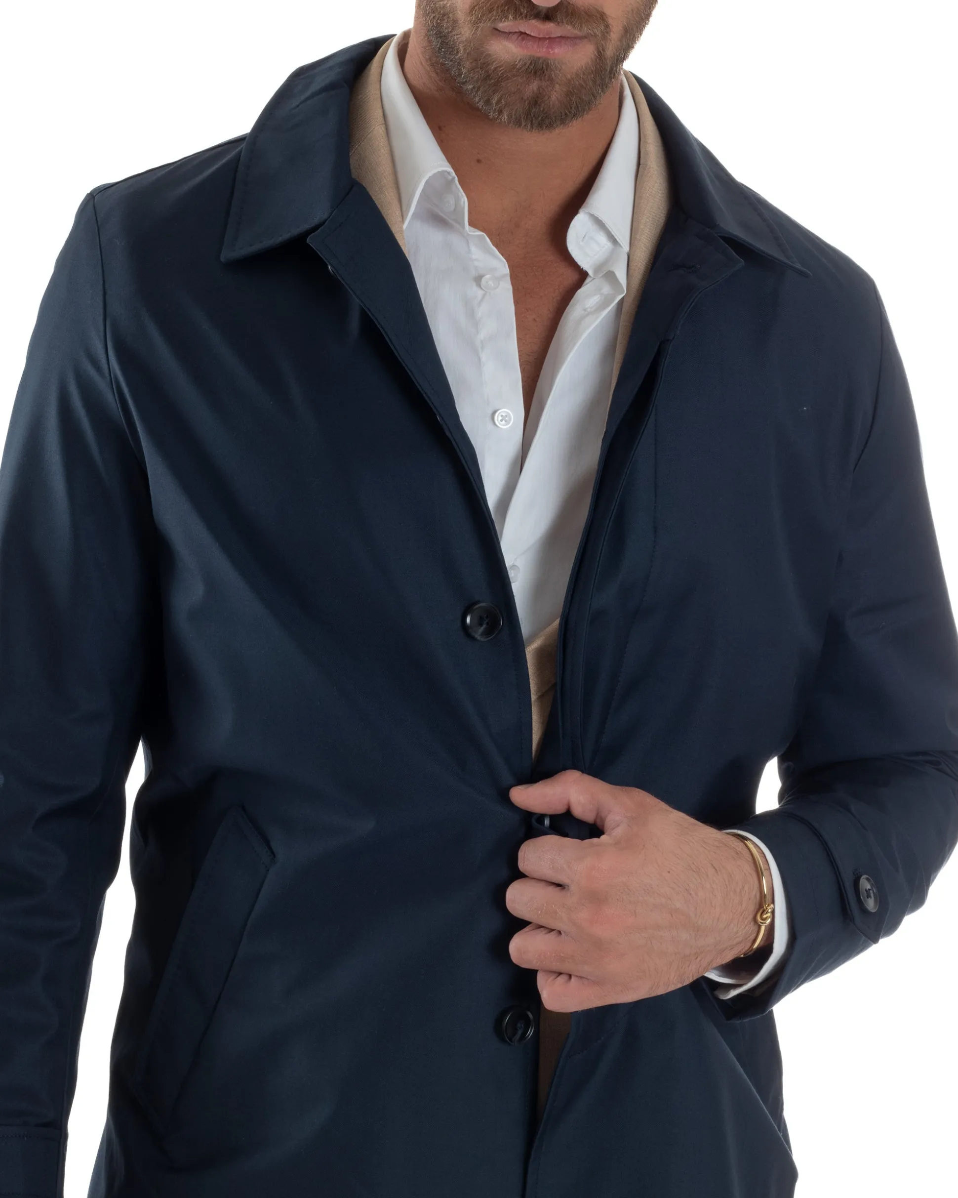 Giubbotto uomo trench leggero giacca impermeabile tessuto tecnico no stiro blu GIOSAL-G3301A
