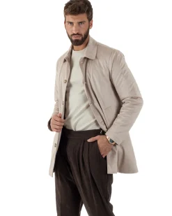 Giubbotto Uomo Trench Lungo Camoscio Imbottito Beige BlackSunday G3384A
