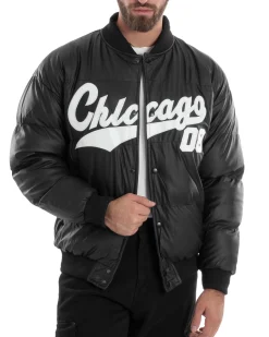Giubbotto Uomo Varsity Imbottito Bomber College Caldo Giacca Con Patch Relaxed Fit Tessuto Tecnico Tinta Unita Nero GIOSAL-G3253A