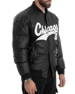 Giubbotto Uomo Varsity Imbottito Bomber College Caldo Giacca Con Patch Relaxed Fit Tessuto Tecnico Tinta Unita Nero GIOSAL-G3253A