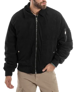 Giubbotto Uomo Velluto Rigato Giaccone Caldo Imbottito Bomber Con Collo Camicia E Tasconi Nero GIOSAL-G3254A