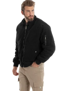 Giubbotto Uomo Velluto Rigato Giaccone Caldo Imbottito Bomber Con Collo Camicia E Tasconi Nero GIOSAL-G3254A