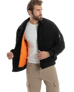 Giubbotto Uomo Velluto Rigato Giaccone Caldo Imbottito Bomber Con Collo Camicia E Tasconi Nero GIOSAL-G3254A
