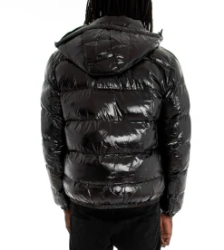 Giubbotto uomo vernice lucido bomber cappuccio puffer piumino trapuntato tinta unita nero GIOSAL-G2370A