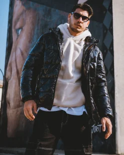 Giubbotto uomo vernice lucido bomber cappuccio puffer piumino trapuntato tinta unita nero GIOSAL-G2370A