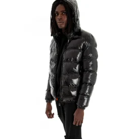 Giubbotto uomo vernice lucido bomber cappuccio puffer piumino trapuntato tinta unita nero GIOSAL-G2370A