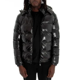 Giubbotto uomo vernice lucido bomber cappuccio puffer piumino trapuntato tinta unita nero GIOSAL-G2370A