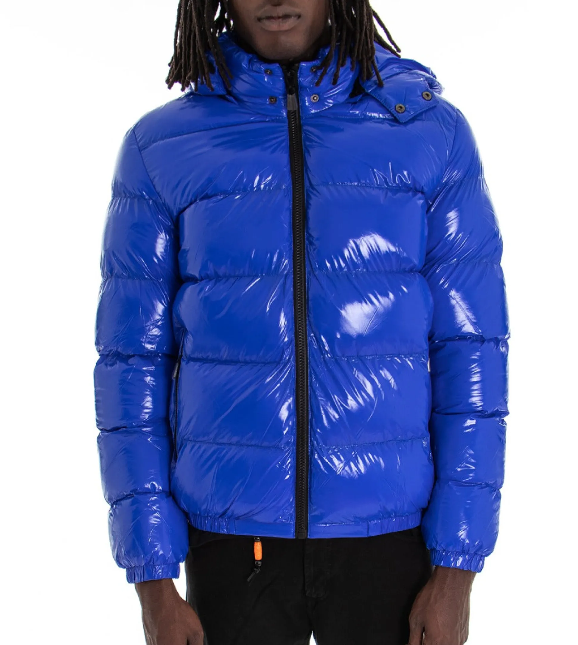 Giubbotto Uomo Vernice Lucido Bomber Con Cappuccio Puffer Piumino Trapuntato Tinta Unita Blu Royal GIOSAL-G2373A