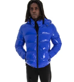 Giubbotto Uomo Vernice Lucido Bomber Con Cappuccio Puffer Piumino Trapuntato Tinta Unita Blu Royal GIOSAL-G2373A