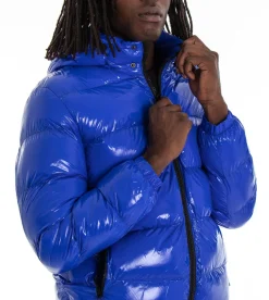 Giubbotto Uomo Vernice Lucido Bomber Con Cappuccio Puffer Piumino Trapuntato Tinta Unita Blu Royal GIOSAL-G2373A