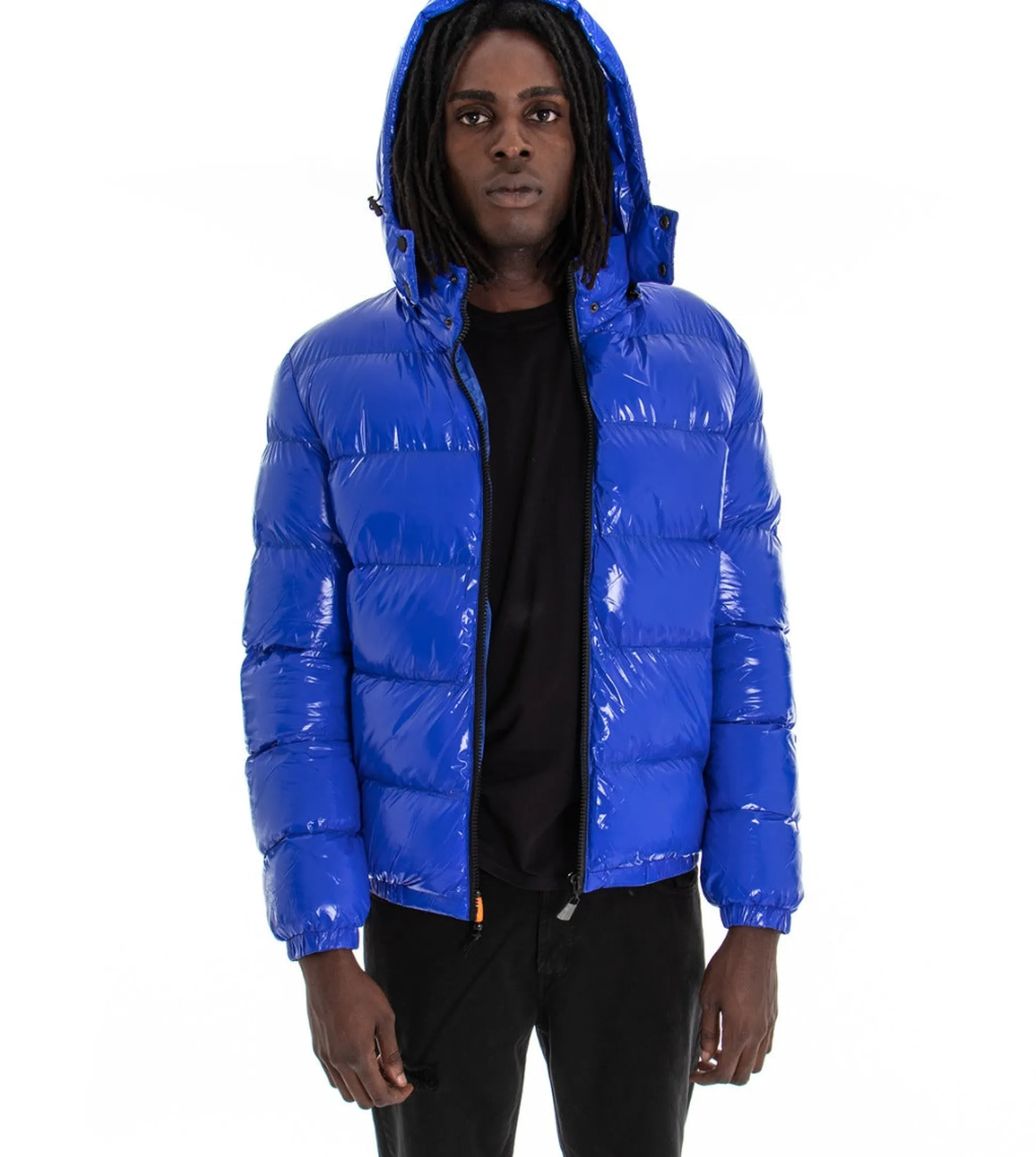 Giubbotto Uomo Vernice Lucido Bomber Con Cappuccio Puffer Piumino Trapuntato Tinta Unita Blu Royal GIOSAL-G2373A
