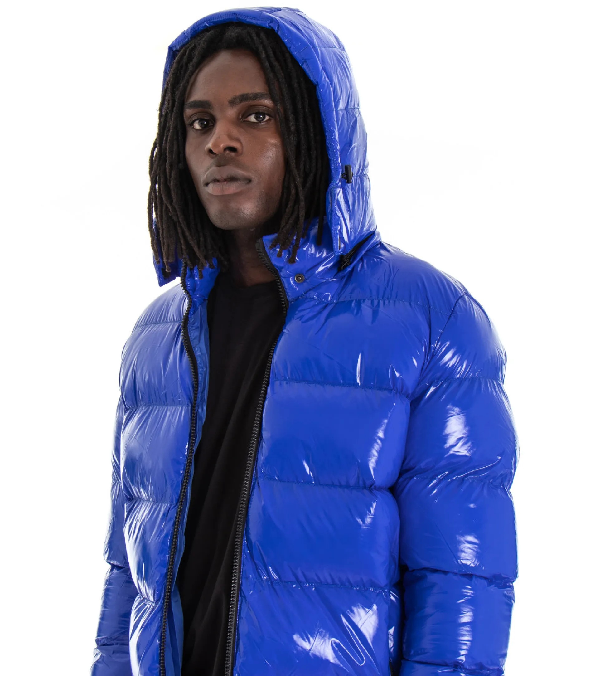 Giubbotto Uomo Vernice Lucido Bomber Con Cappuccio Puffer Piumino Trapuntato Tinta Unita Blu Royal GIOSAL-G2373A