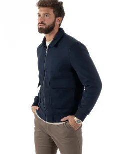 Giubbotto Uomo Zip Colletto Bomber Panno Blu G3381A