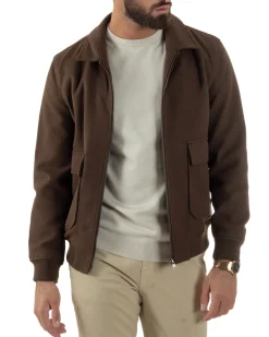 Giubbotto Uomo Zip Colletto Bomber Panno Marrone G3380A