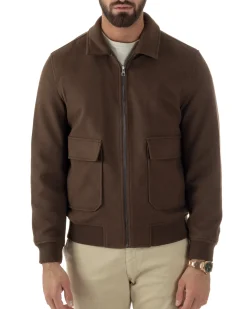 Giubbotto Uomo Zip Colletto Bomber Panno Marrone G3380A