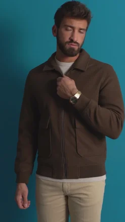 Giubbotto Uomo Zip Colletto Bomber Panno Marrone G3380A
