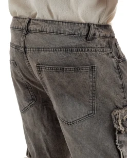 Jeans cargo uomo barrel fit stone-washed baggy tasconi zip nero sabbiato GIOSAL-JS1188A