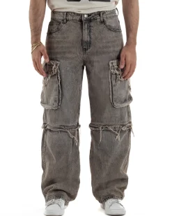 Jeans cargo uomo barrel fit stone-washed baggy tasconi zip nero sabbiato GIOSAL-JS1188A