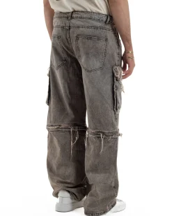 Jeans cargo uomo barrel fit stone-washed baggy tasconi zip nero sabbiato GIOSAL-JS1188A